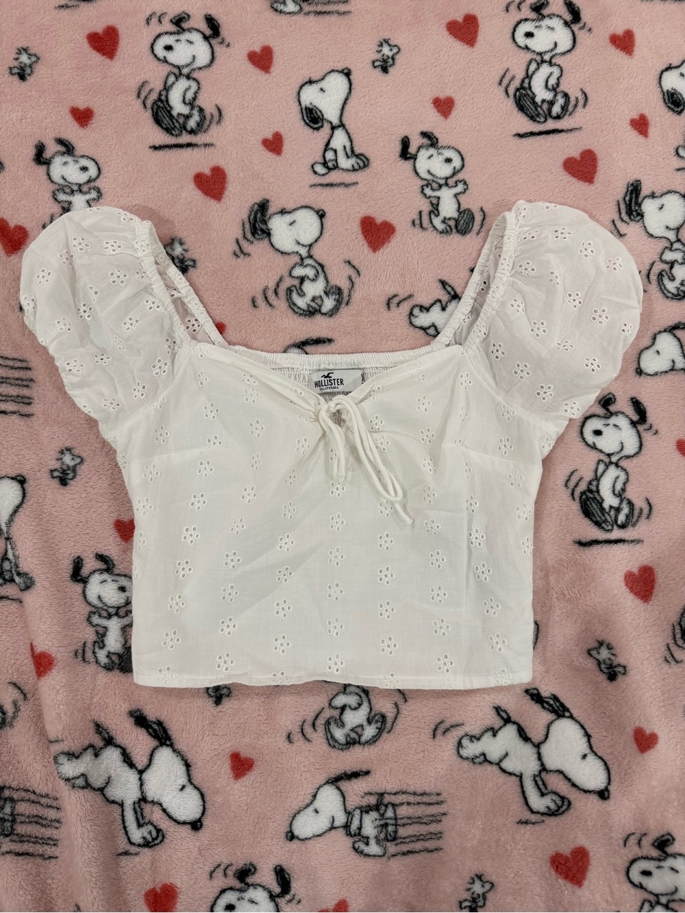 Hollister White Eyelet Square Neck Puff Sleeve Crop Top